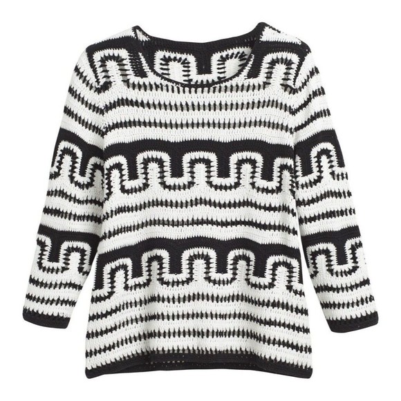 Chico's Cotton Knit Sweater Black White Crochet Sz 2 (M) Pullover 3/4 Sleeve Top - Picture 1 of 9
